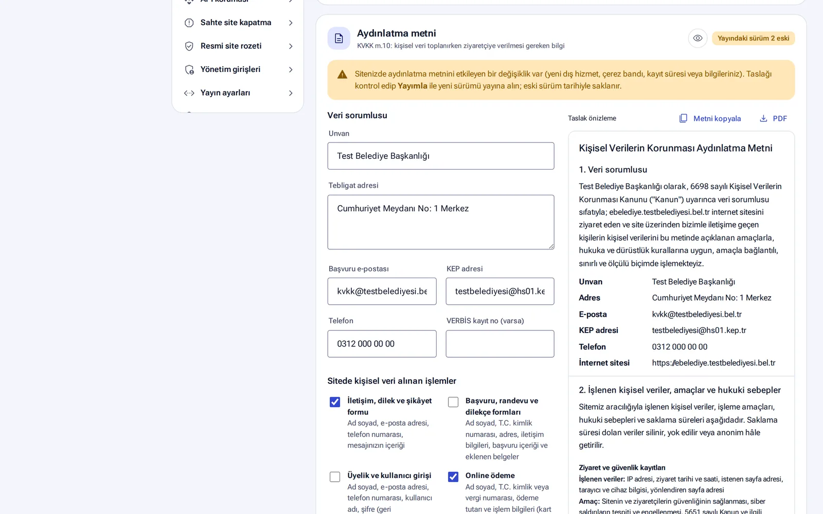 Privacy notice: data controller details and draft preview