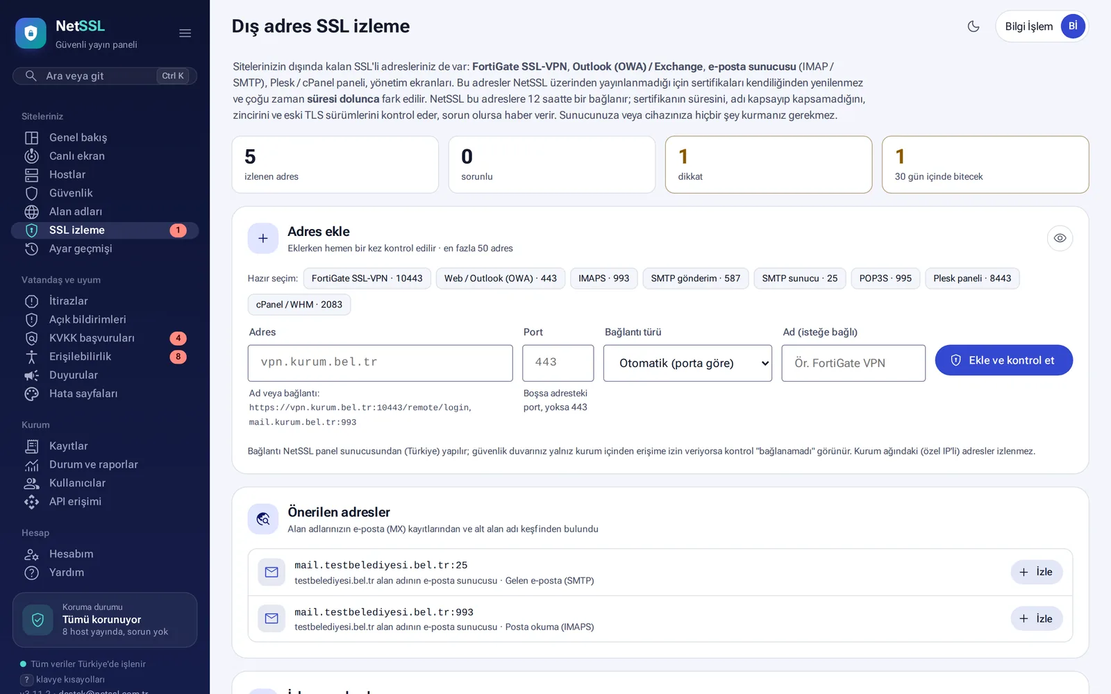 Dış adres SSL izleme: izlenen adresler, bitiş tarihi, sağlayıcı ve TLS sürümü
