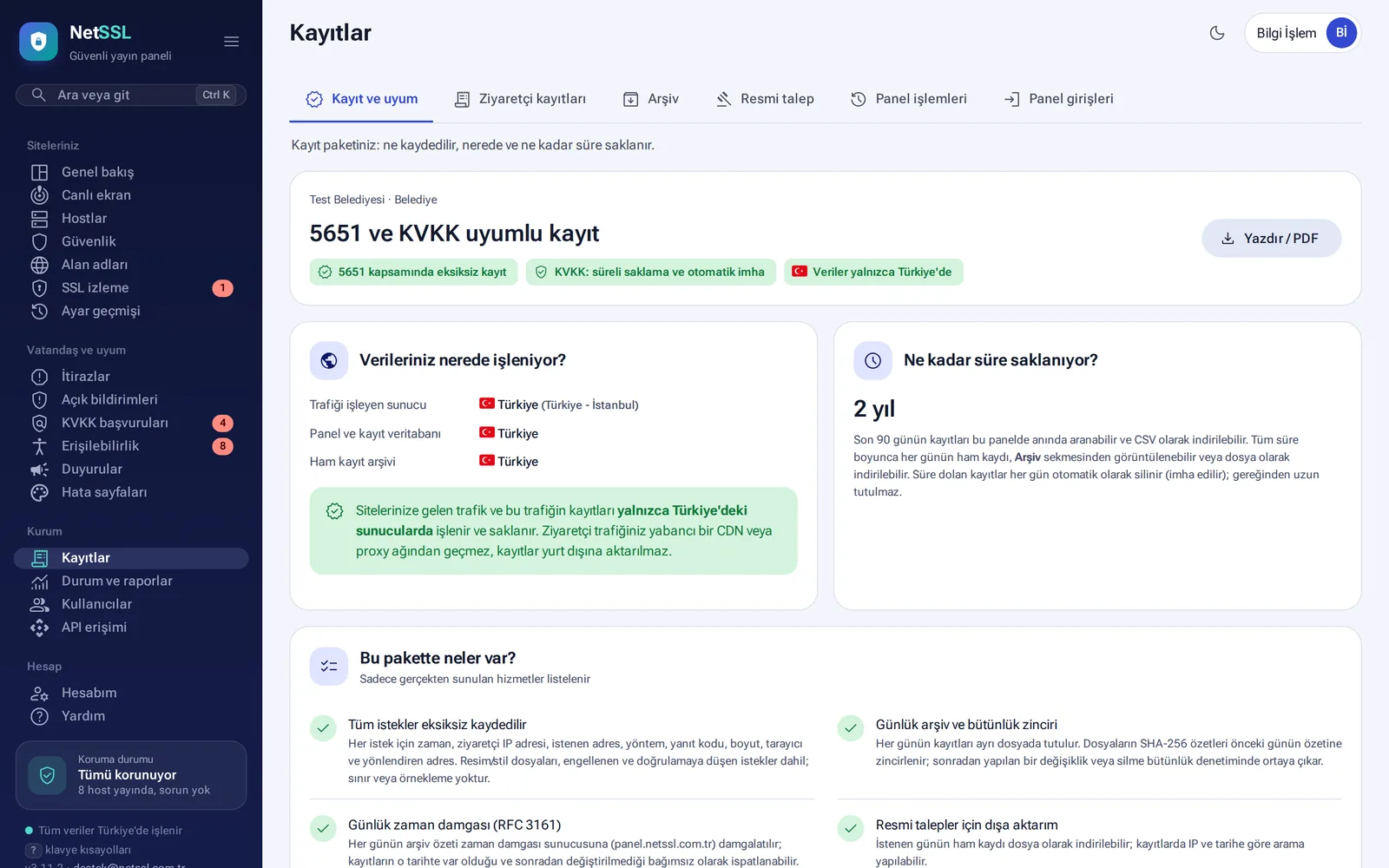 Logs and compliance: log package, data location and retention period