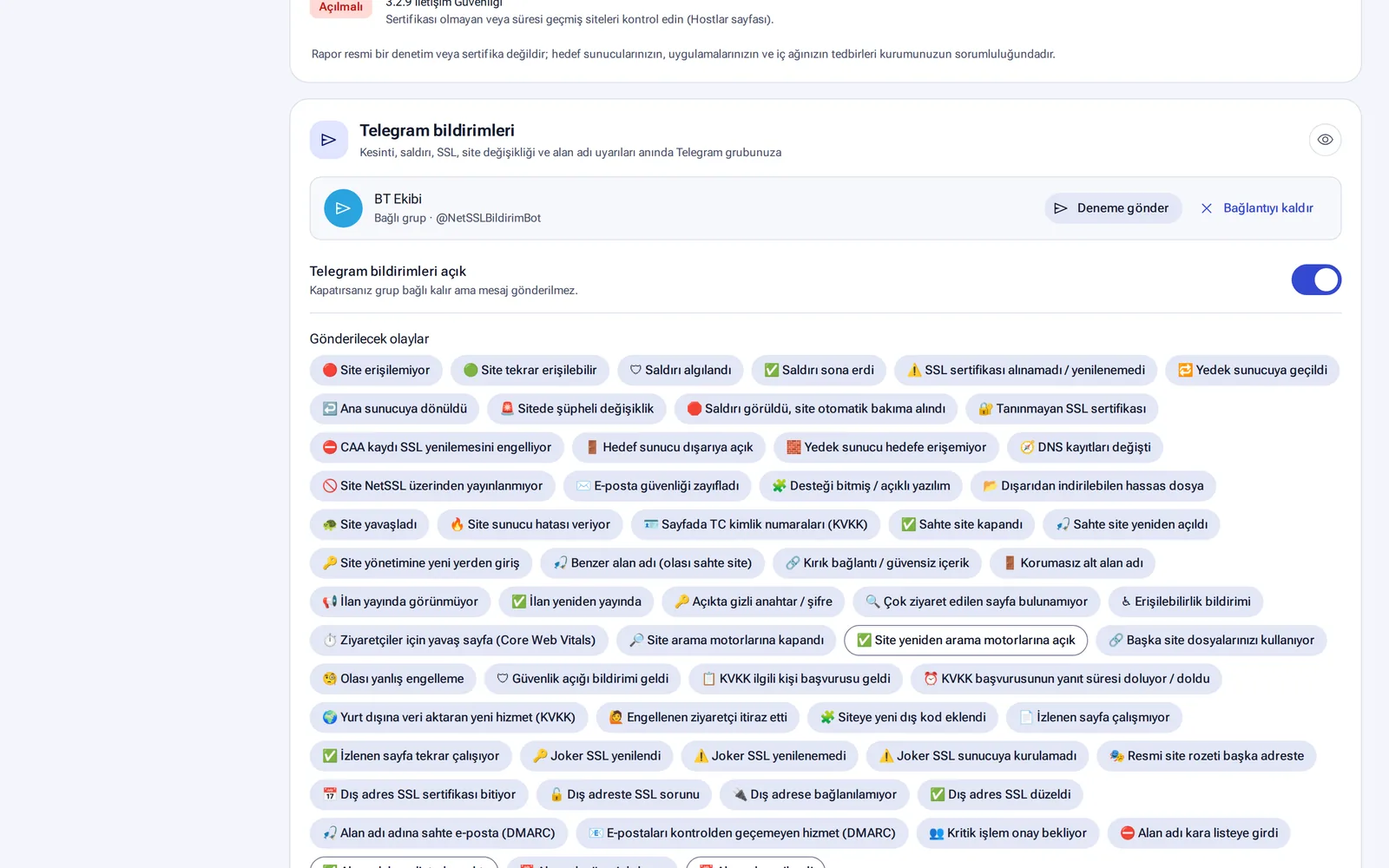 Telegram bildirimleri ve gönderilecek olaylar