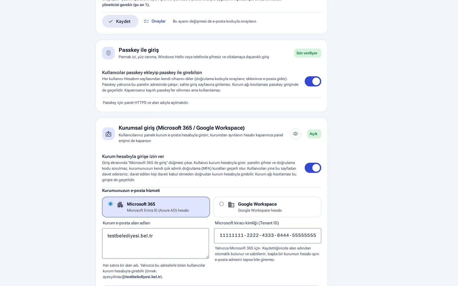 Passkey ve kurumsal giriş (Microsoft 365 / Google Workspace)