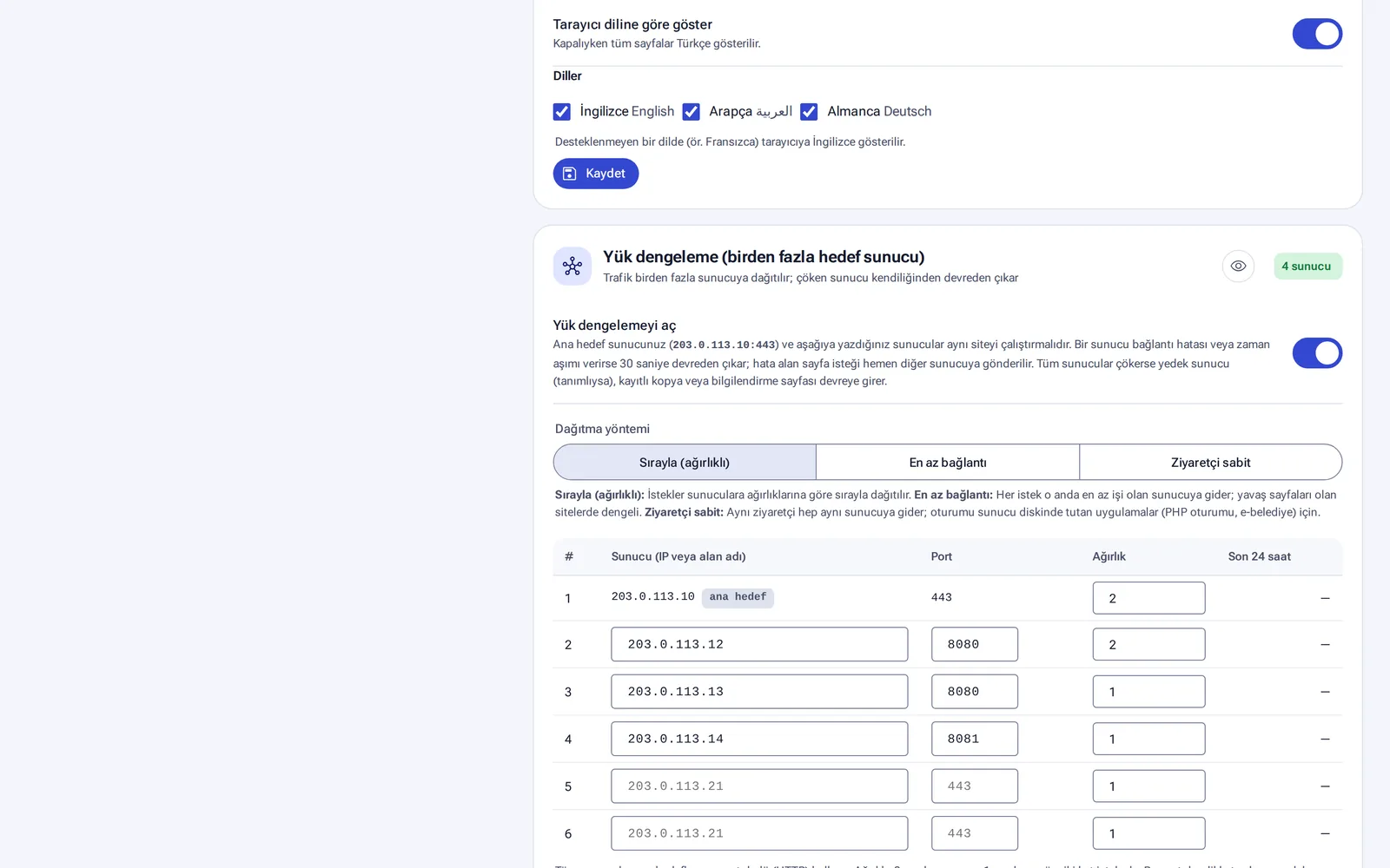 Load balancing, additional address and the language of visitor pages