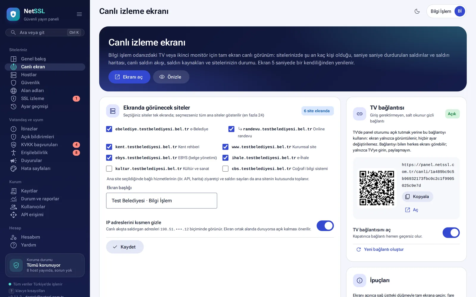 Canlı ekran ayarları: site seçimi, başlık ve TV bağlantısı