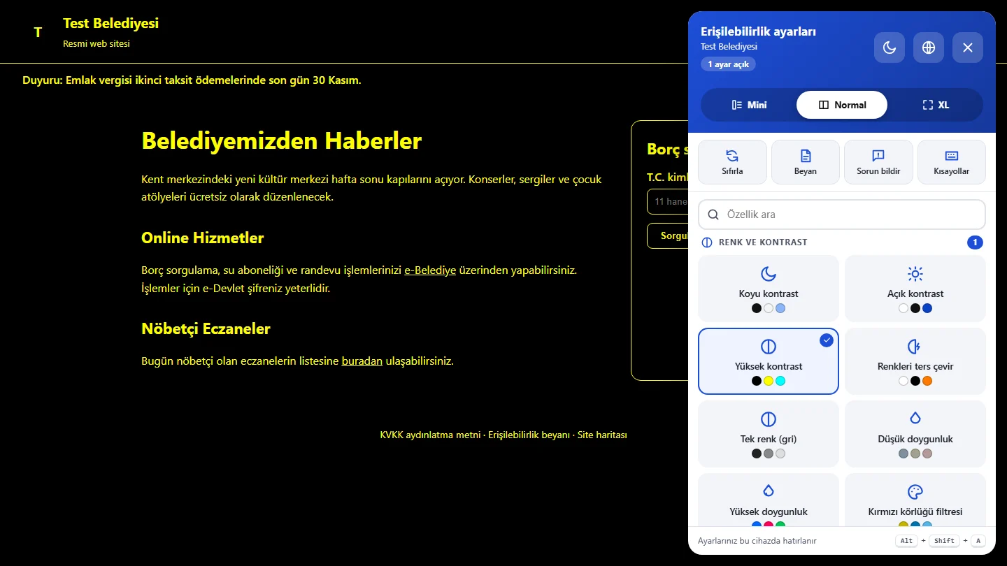 Yüksek kontrast açıkken sayfa