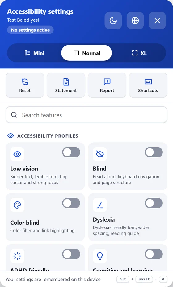 Accessibility toolbar: profiles, menu size, reset, accessibility statement, report a problem and shortcuts