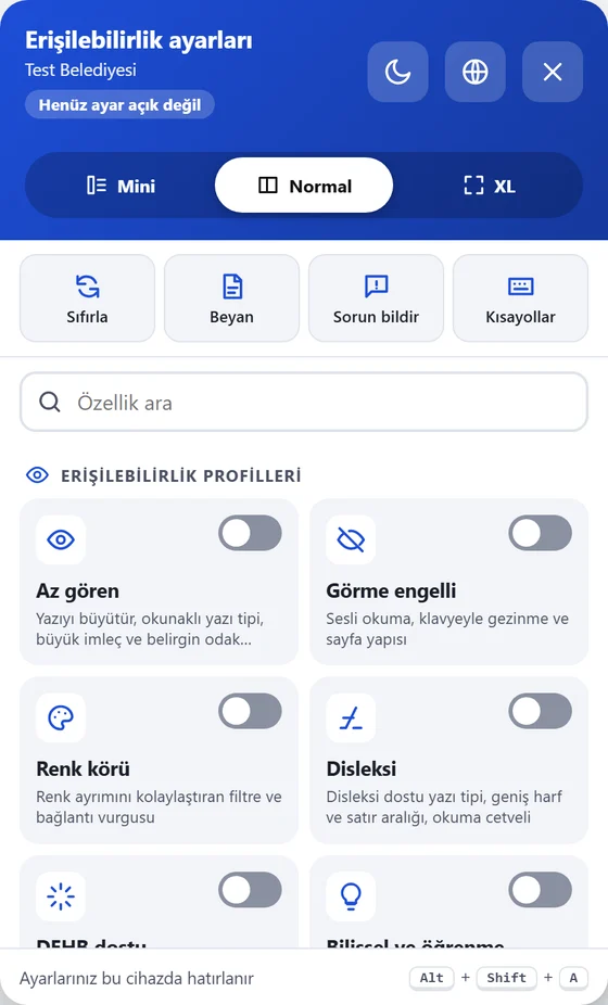 Ziyaretçinin sitenizde gördüğü erişilebilirlik araç çubuğu