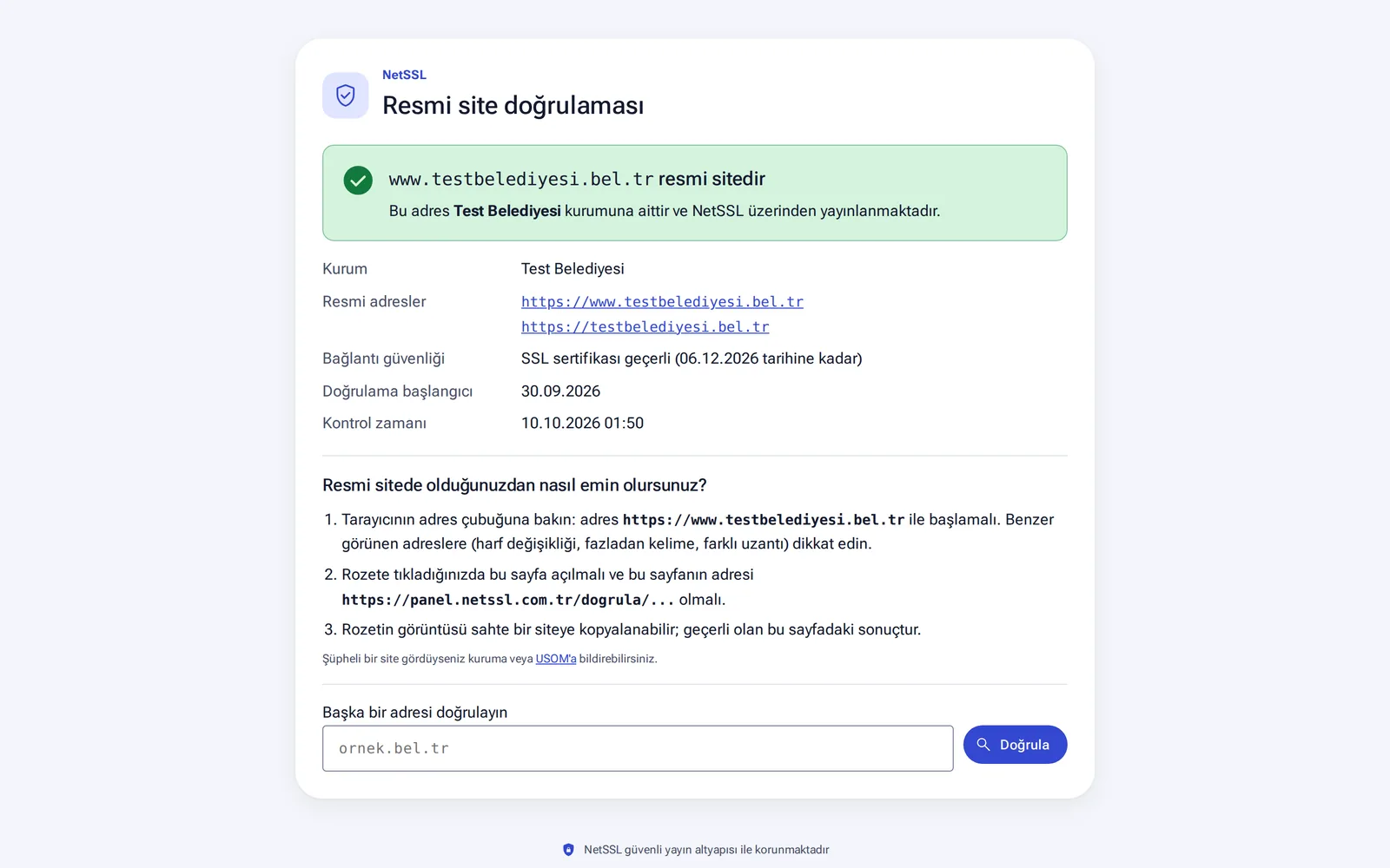 The official site verification page that opens when the badge is clicked