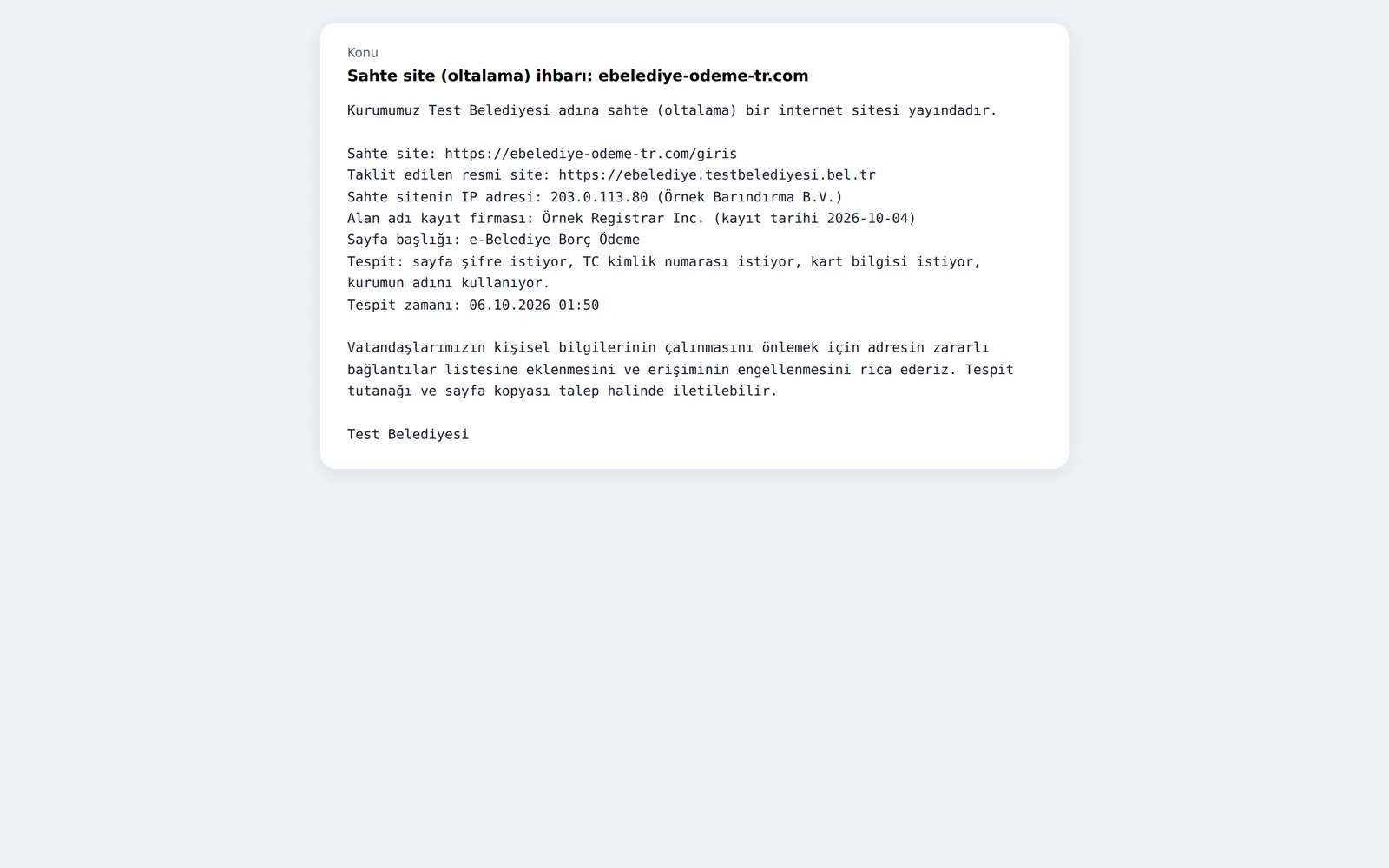 The USOM report text prepared by the fake site takedown assistant