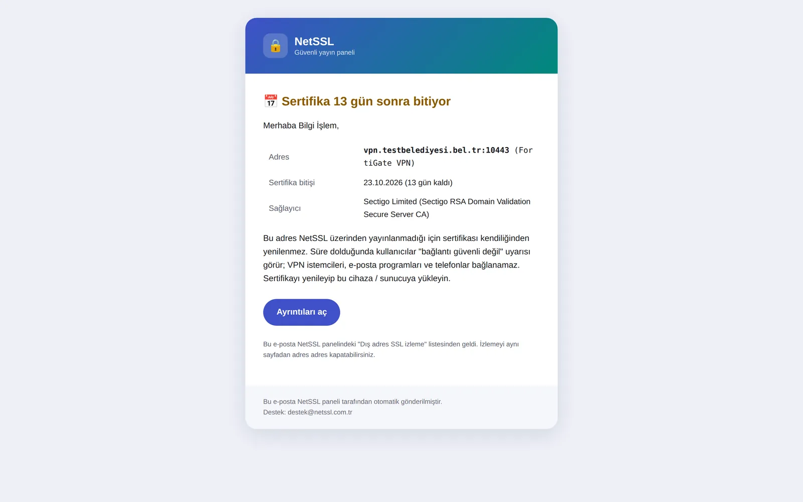 SSL izleme uyarı e-postası: sertifika 13 gün sonra bitiyor