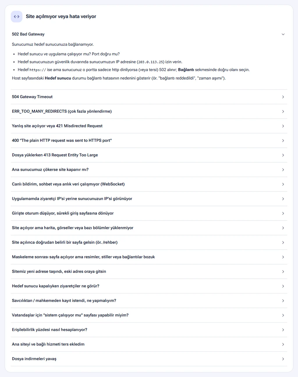 Help center section: Site does not open or shows an error