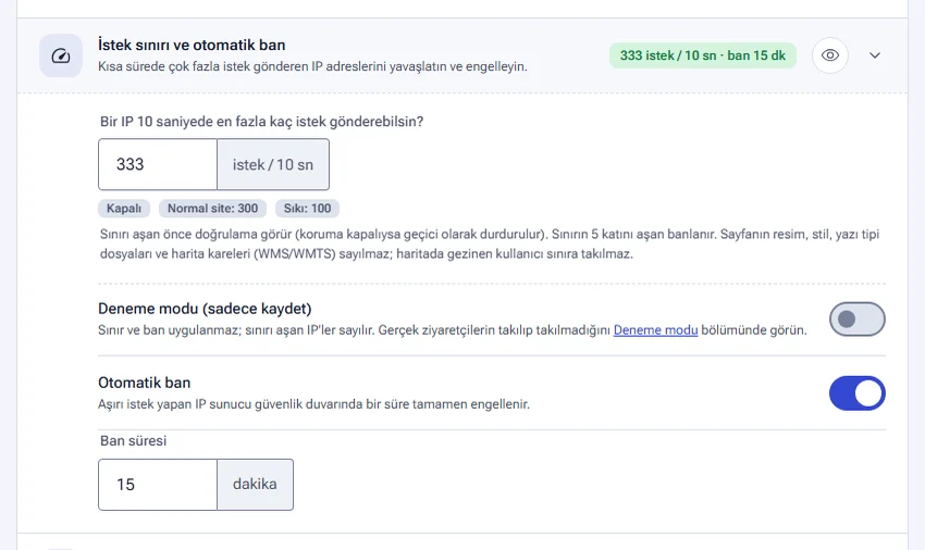 İstek sınırı ve otomatik ban ayarları