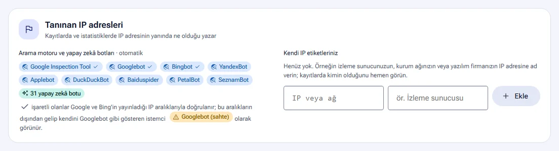 Tanınan IP adresleri: otomatik bot etiketleri ve kendi etiketleriniz
