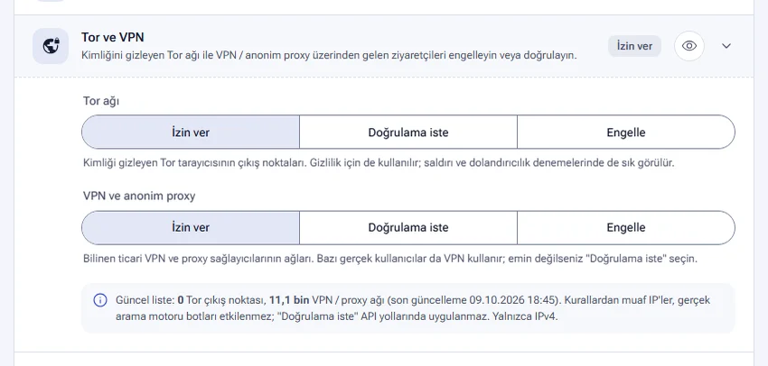 Tor ağı ve VPN için ayrı ayarlar