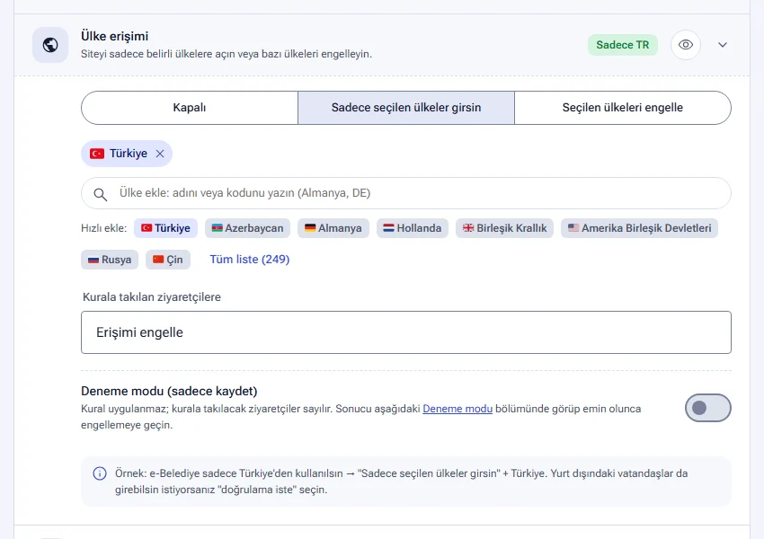 Ülke erişimi kuralı: yalnızca Türkiye'ye açık site