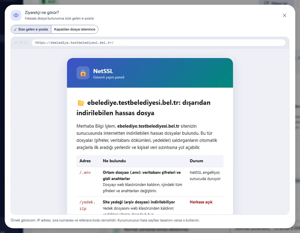 Açık dosya bulununca gelen e-postanın önizlemesi