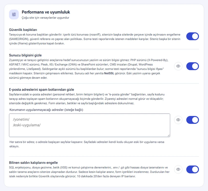 Yayın ayarlarındaki güvenlik anahtarları