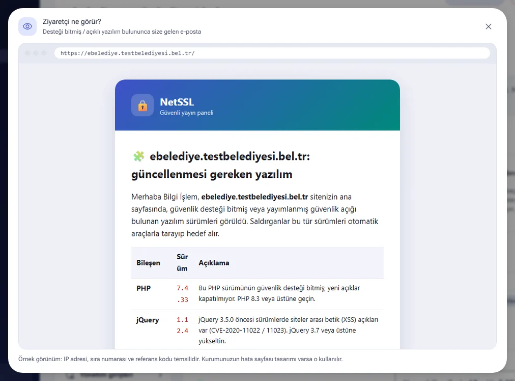 Eski ve açıklı yazılım bulununca gelen e-postanın önizlemesi