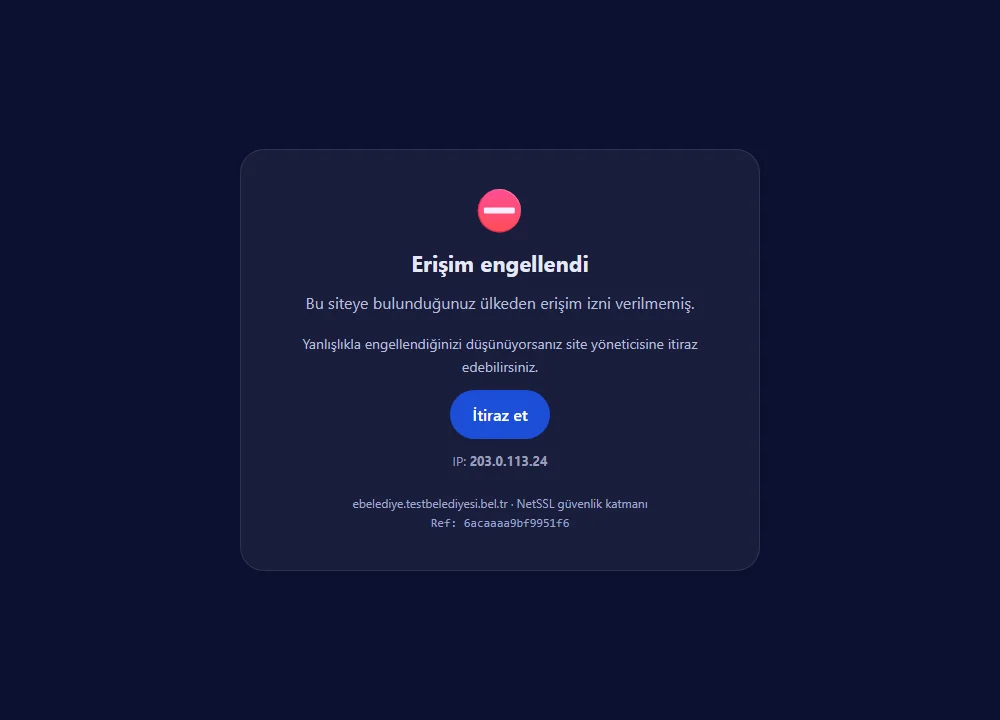Block page: the reason, the Appeal button, the IP address and the reference code