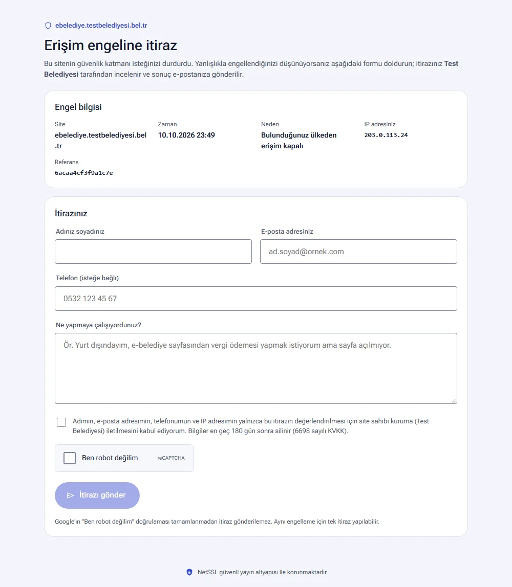 The appeal form filled in by the visitor