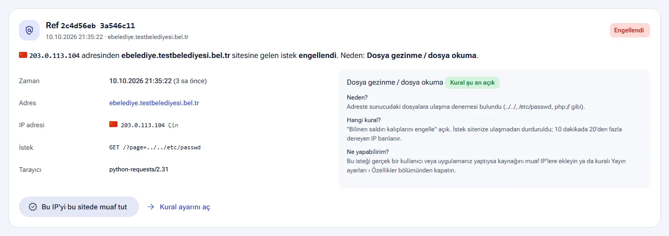 Reference code result: event details, rule explanation and a one-click fix