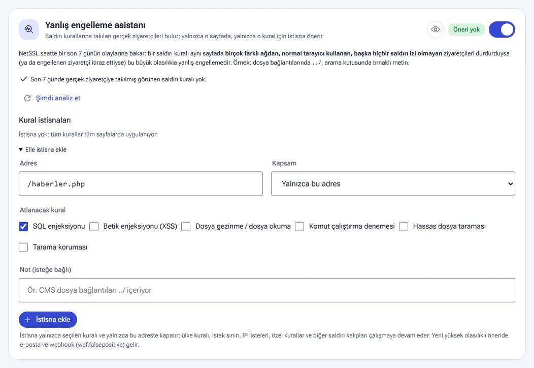 False block assistant: rule exceptions and adding an exception manually