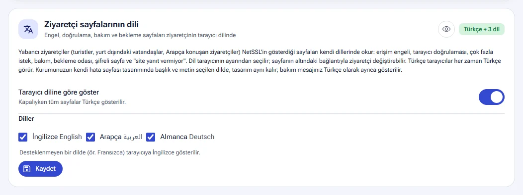 Ziyaretçi sayfalarının dili: tarayıcı diline göre göster ve diller