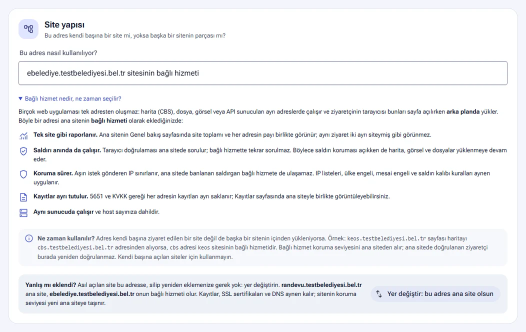 Site yapısı: bağlı hizmet seçimi ve açıklaması