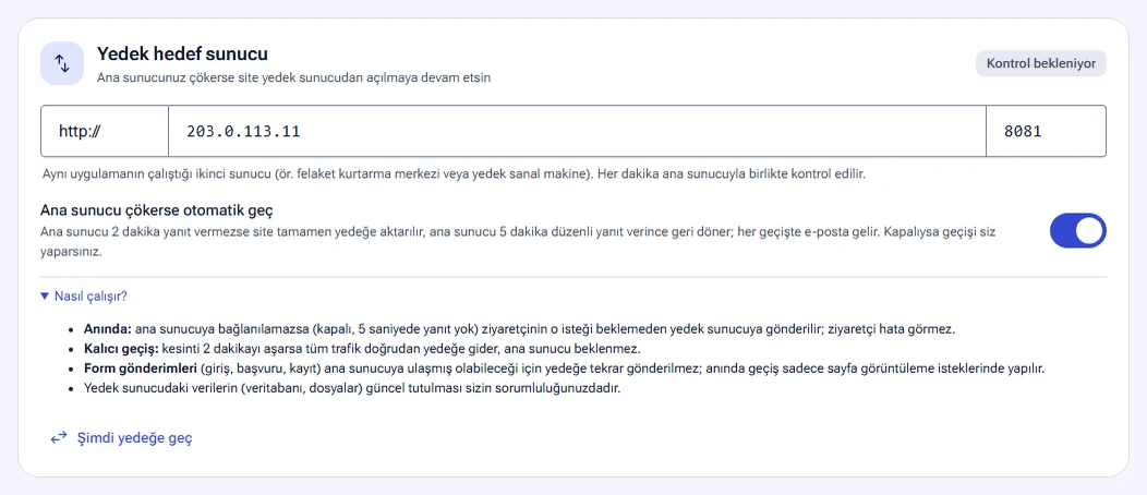 Yedek hedef sunucu ve otomatik geçişin nasıl çalıştığı