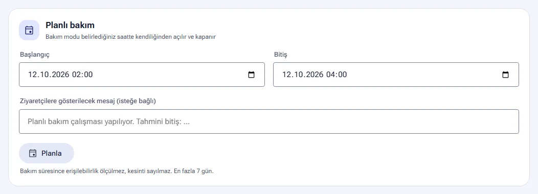 Scheduled maintenance: start, end and message
