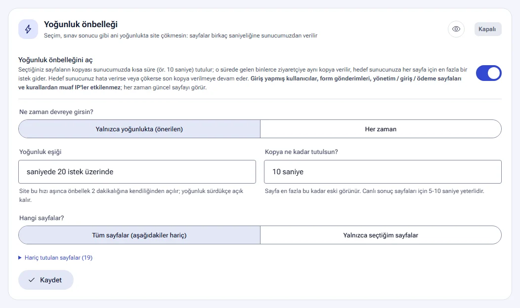 Peak traffic cache settings