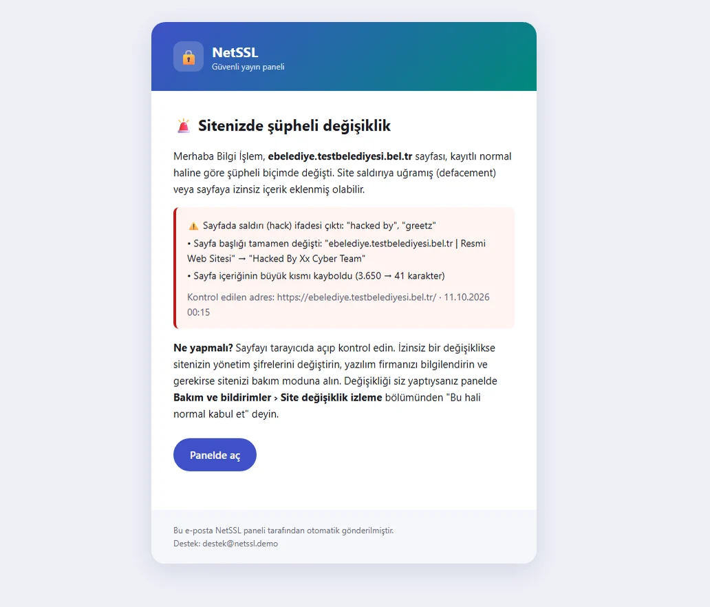 Şüpheli değişiklik görülünce gelen e-posta