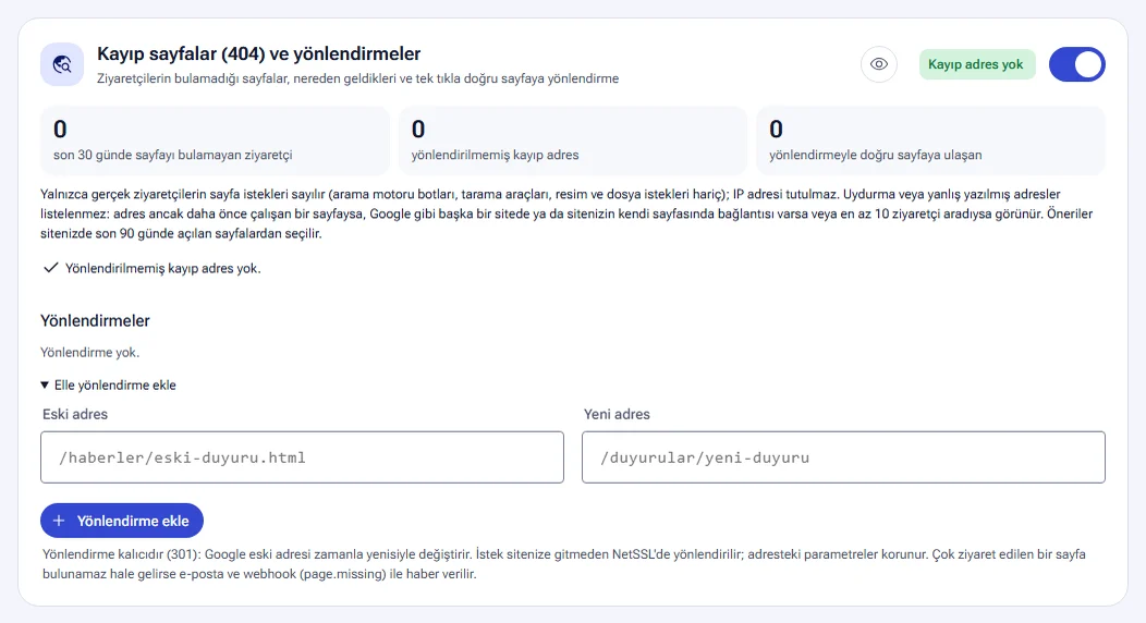 Kayıp sayfalar (404) ve yönlendirmeler