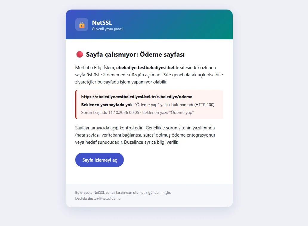 İzlenen sayfa çalışmayınca gelen e-posta