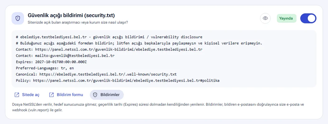 Hostun güvenlik açığı bildirimi kartı ve security.txt içeriği