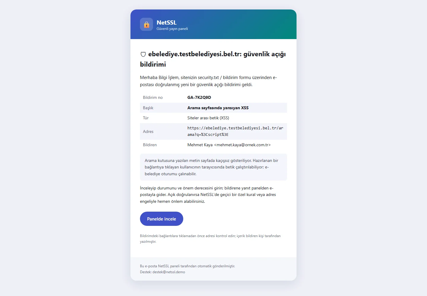 Yeni bir güvenlik açığı bildirimi gelince size gelen e-posta