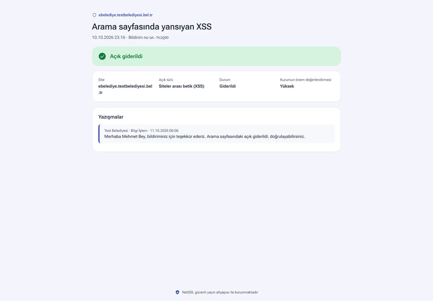 Bildirenin gördüğü takip sayfası
