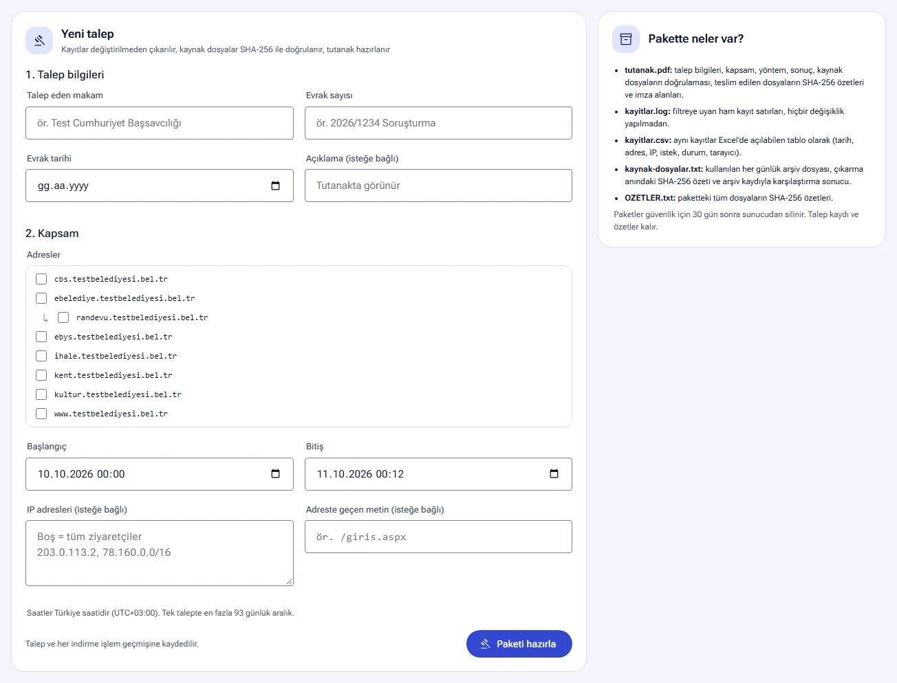 Resmi talep formu ve pakette neler var bölümü