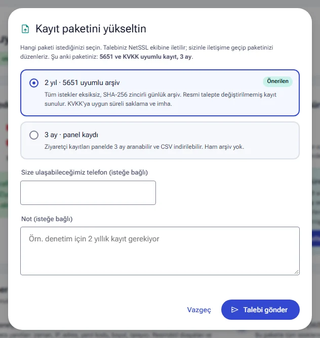 Kayıt paketini yükseltin penceresi: paket seçimi, telefon ve not