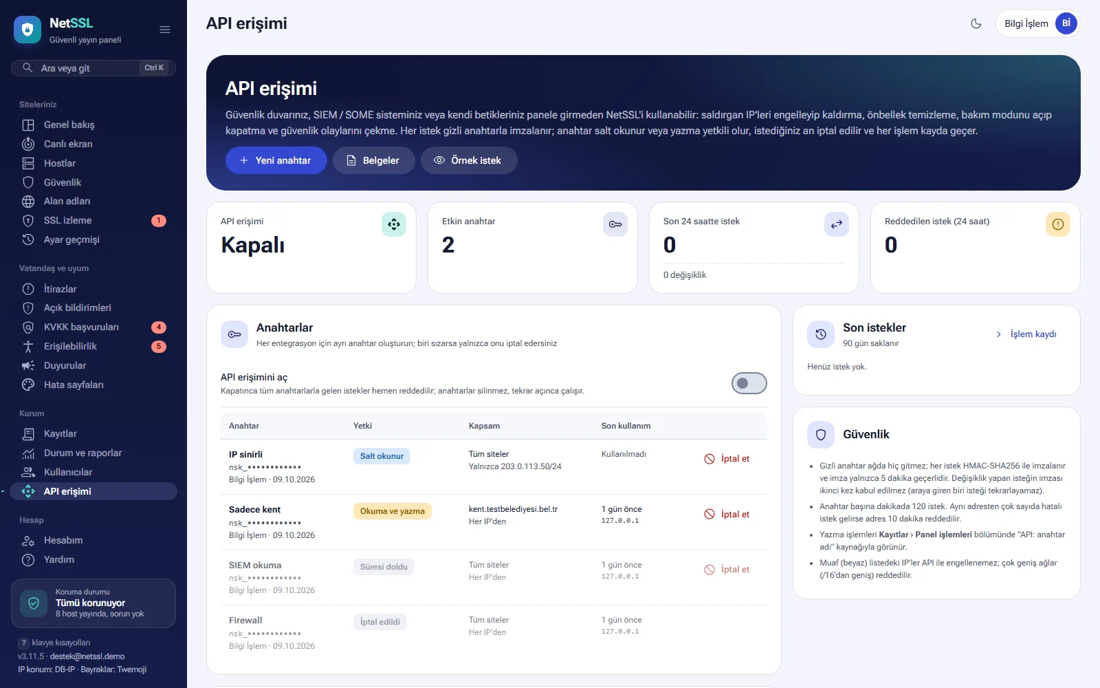 API access page: keys, request counts and security notes