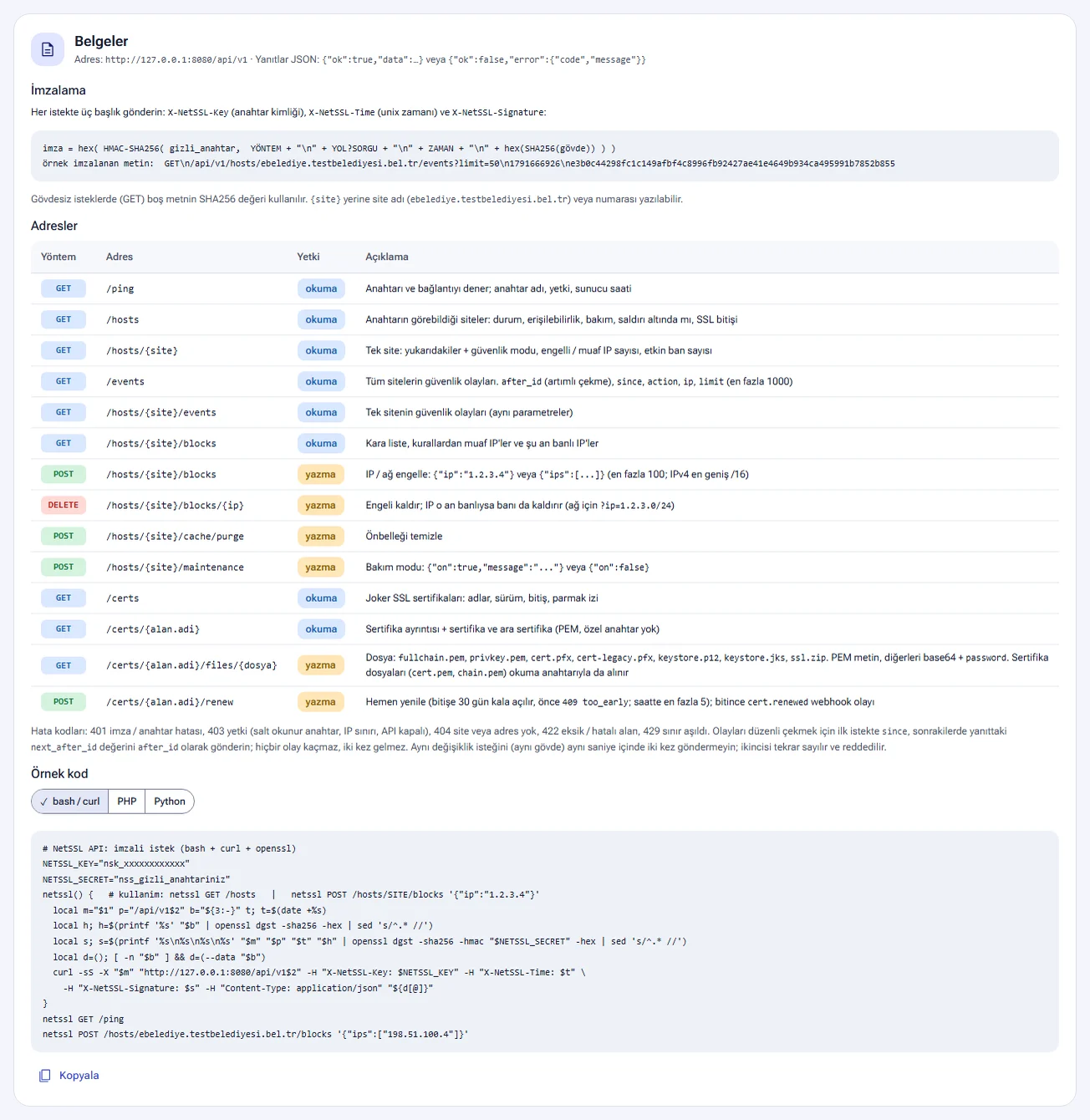 Documentation section: signing, paths, error codes and sample code
