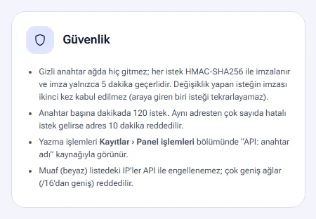 Security notes on the API access page
