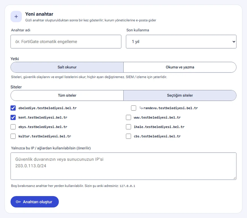 New key form: name, expiry, permission, sites and IP restriction