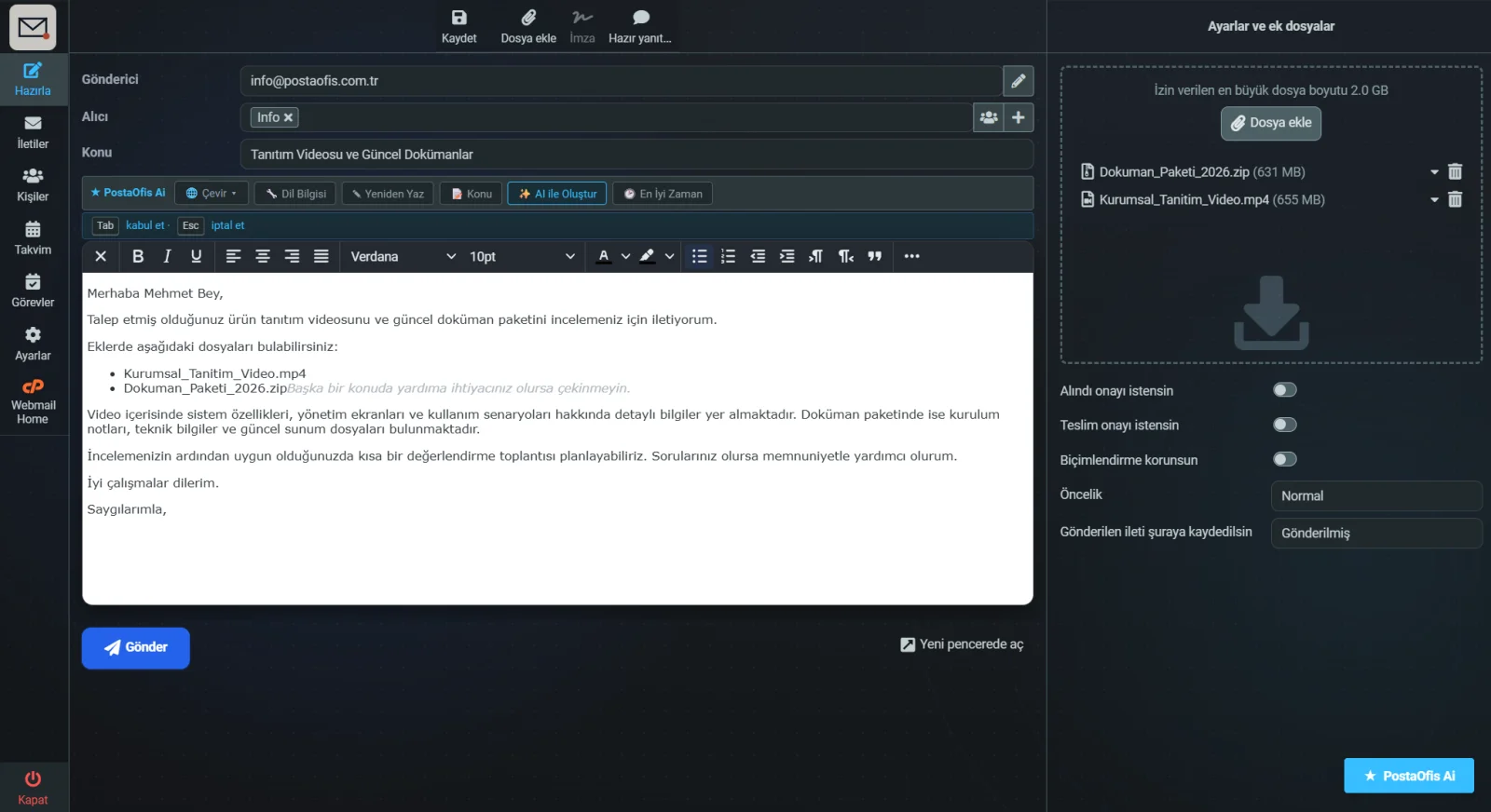 PostaOfis Dosya: Büyük Dosya Gönderimi — Gönderirken: Webmail'de Büyük Ek Ekleme