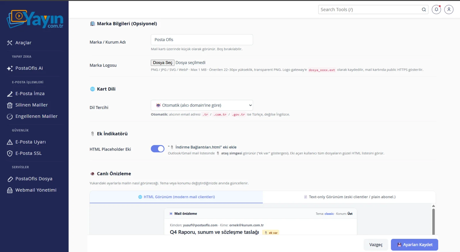 PostaOfis Dosya: Büyük Dosya Gönderimi — Mail Görünümü