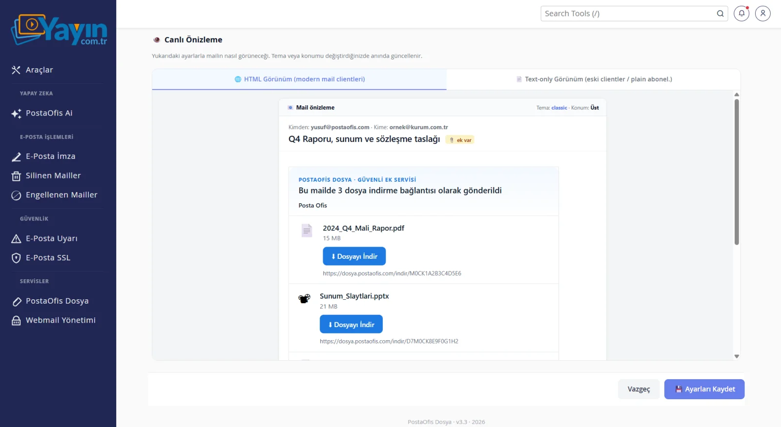 PostaOfis Dosya: Büyük Dosya Gönderimi — Mail Görünümü