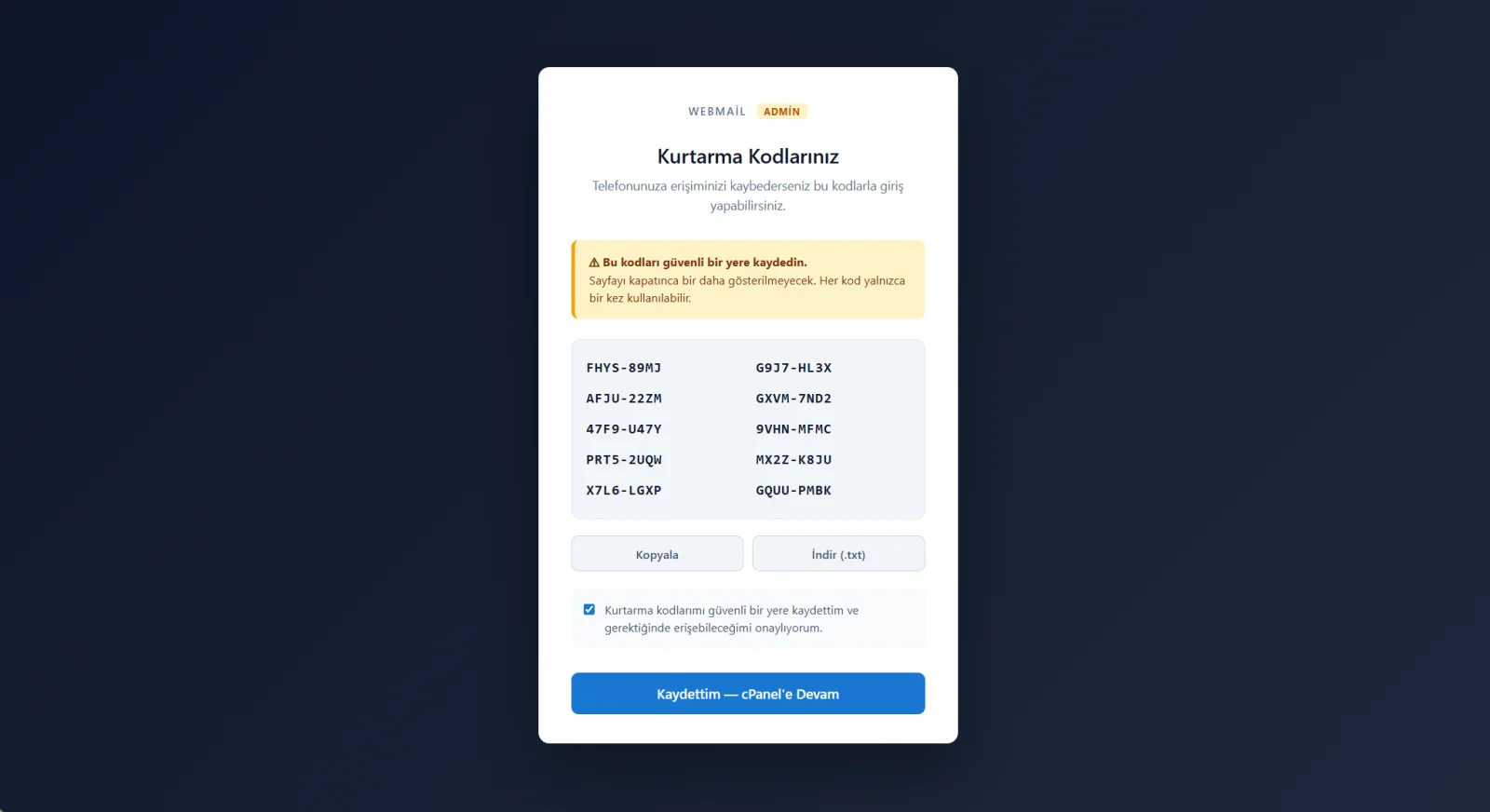 Webmail Yönetimi ve İki Adımlı Doğrulama — Kurtarma Kodları