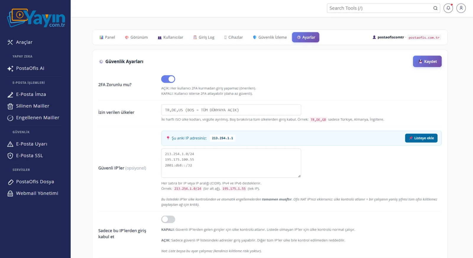 Webmail Yönetimi ve İki Adımlı Doğrulama — Ayarlar — Güvenlik Kurallarını Belirleyin