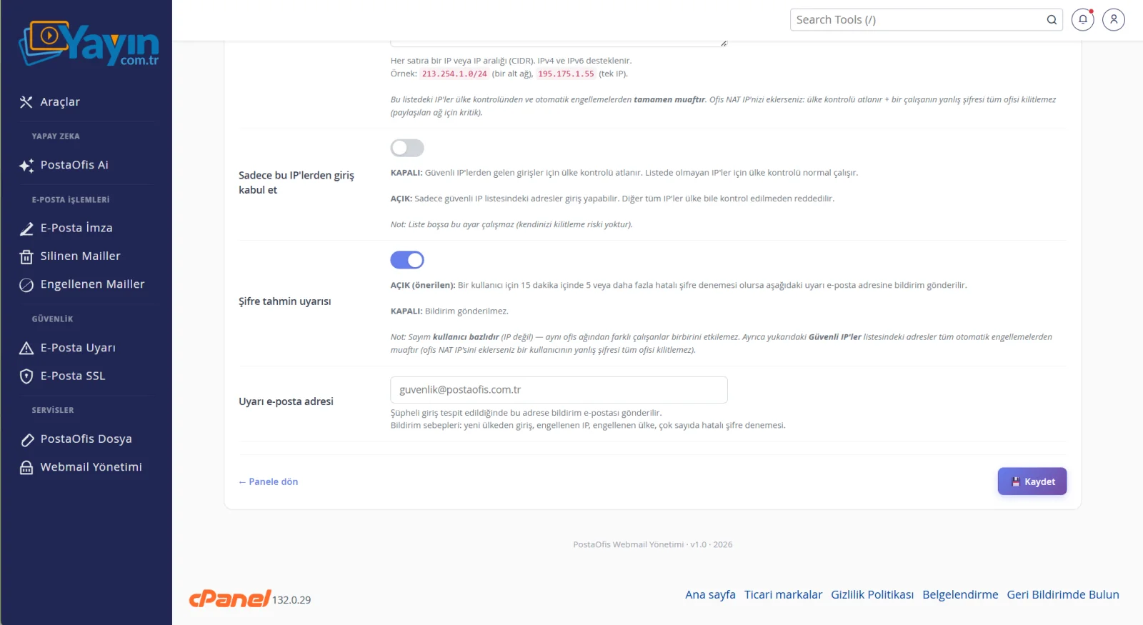 Webmail Yönetimi ve İki Adımlı Doğrulama — Ayarlar — Güvenlik Kurallarını Belirleyin