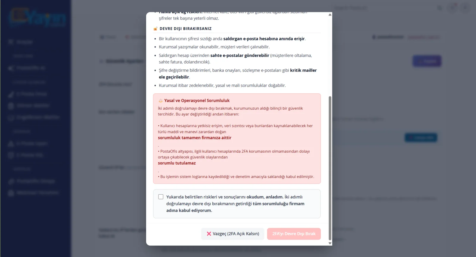 Webmail Yönetimi ve İki Adımlı Doğrulama — 2FA'yı Devre Dışı Bırakma Uyarısı