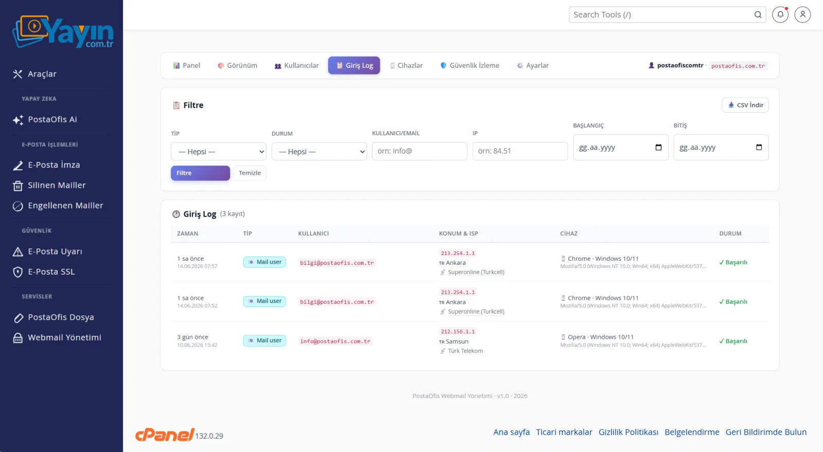 Webmail Yönetimi ve İki Adımlı Doğrulama — Giriş Log — Tüm Giriş Hareketleri